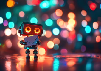 A cute robot holding an envelope, with colorful lights in the background, on stage, blurred background