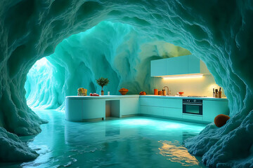 Wall Mural - Polar bear on the beach, ice, and roof with water, sea, and sky in an abstract underwater setting, blending themes of health and surgery in a hospital-like atmosphere