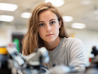 Aufkleber - young woman with long hair is focused in robotics lab, surrounded by equipment and technology. setting is bright and modern, reflecting innovation and concentration