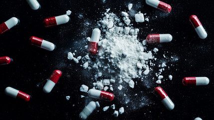 Aufkleber - collection of red and white capsules surrounds pile of crushed white powder on dark surface, creating dramatic and intense visual