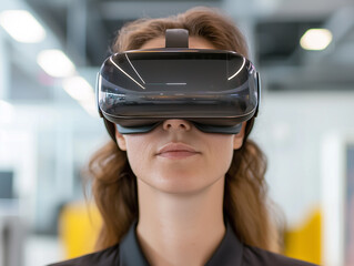 Aufkleber - woman testing virtual reality headset in tech lab, focused and immersed in experience. modern setting enhances futuristic feel of technology