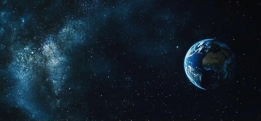 Wall Mural - vast space with dark blue background and stars, centered earth in hyper-realistic rendering, floatin