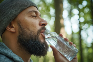Poster - bearded man in beanie drinks water from clear bottle in forest setting, enjoying refreshing moment. background is lush with green foliage, creating serene atmosphere