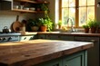 © Mali - Rustic Kitchen Island Countertop with Warm Sunlight Illuminating Wooden Surface and Green Cabinets