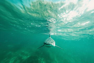 Poster - shark swims dynamically towards camera, creating sense of motion and excitement in clear turquoise water. sunlight filters through surface, adding dramatic effect