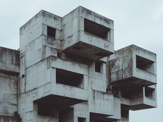 Poster - series of stacked, weathered concrete blocks form abandoned, brutalist structure against cloudy sky, evoking sense of desolation and architectural decay