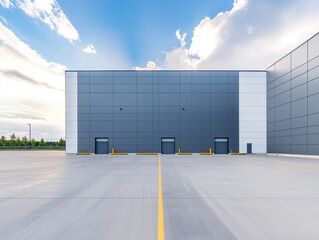 Poster - modern industrial fulfillment center with sleek architecture features large, empty concrete parking area under partly cloudy sky. building facade is minimalist and geometric