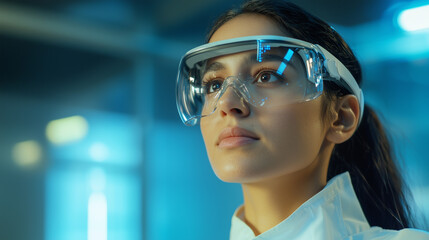 Poster - woman wearing protective goggles looks focused in laboratory setting, illuminated by blue light. Her expression is determined, suggesting high tech environment