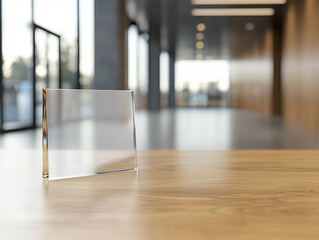 Poster - transparent glass award sits elegantly on wooden table in modern office setting, with blurred background and natural light streaming through large windows