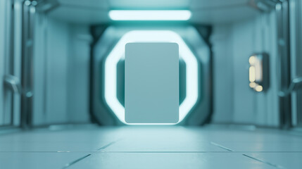 Aufkleber - sleek card mockup floats in futuristic corridor, illuminated by soft blue lighting, creating modern and high tech atmosphere. scene is minimalistic and clean