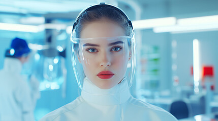 Poster - woman in futuristic lab wearing transparent face shield and white attire looks directly at camera, conveying sense of focus and determination. background is high tech laboratory setting