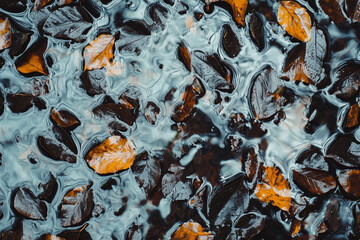 Poster - cluster of autumn leaves floating on rippling water creates serene and reflective scene. mix of brown and orange hues contrasts with cool blue water, evoking sense of tranquility