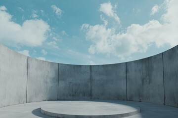 Poster - wide shot of circular concrete platform surrounded by tall, curved concrete walls under bright blue sky with scattered clouds. minimalist design evokes sense of openness and tranquility