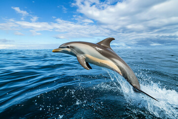 Poster - dolphin gracefully leaps out of ocean under bright blue sky, showcasing its sleek aquatic form. scene captures beauty and energy of marine life in motion