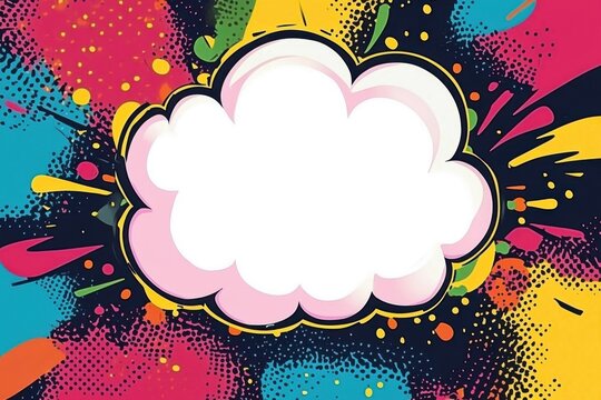 cartoon cloud-shaped speech bubble in the center of the pop art background is white, surrounded by colorful balloons