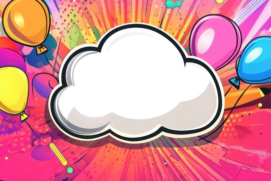cartoon cloud-shaped speech bubble in the center of the pop art background is white, surrounded by colorful balloons
