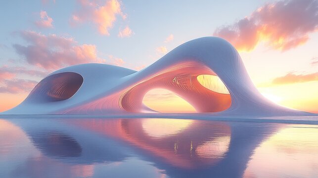 Sunset over a futuristic, organic structure reflected in calm water
