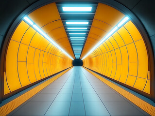 Poster - A minimalist and modern underground tunnel featuring bright yellow and blue color accents clean geometric lines and a sleek high tech architectural design