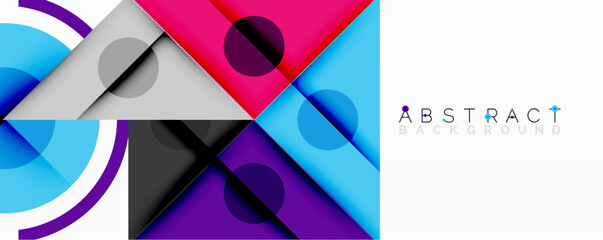 Wall Mural - Geometric abstract design with layered triangles, circles, and gradients, forming a structured pattern with sharp contrasts and depth