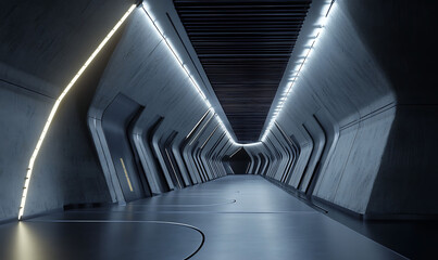 Poster - A highly futuristic and expansive underground bunker corridor with a seamless geometric lighting design and a sleek minimalist architectural aesthetic The space features a long