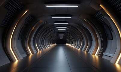 Poster - A highly futuristic and expansive underground bunker corridor with a seamless geometric lighting design and a sleek minimalist architectural aesthetic The space features a long