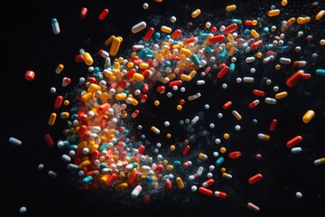 Poster - Small, vibrant medicine capsules swirl together, forming a cyclone against a dark backdrop, showcasing movement and color dynamics