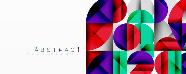 Poster - Abstract geometric design with intersecting circles, triangles, squares and sharp angles creating a layered composition with gradients, depth, and contrast