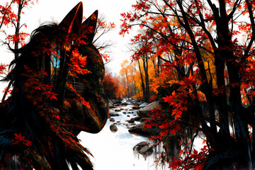 Poster - A dark, wolf-like silhouette merges with a vibrant autumn forest. Orange and red foliage surrounds a flowing river, reflecting the colorful trees in a serene, natural scene.