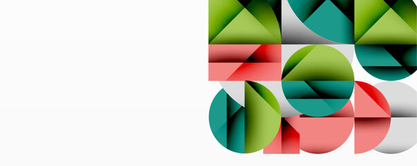Poster - Abstract geometric design with intersecting circles, triangles, squares and sharp angles creating a layered composition with gradients, depth, and contrast