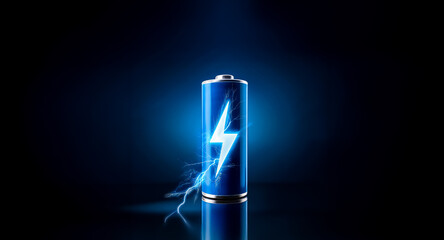 Poster - A blue battery with a white lightning bolt symbol glows with electric blue light against a dark backdrop, emanating energy and power.