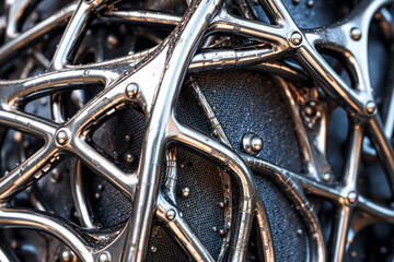 Poster - Shiny silver metallic abstract structure, featuring interconnected curved elements and rivets set against a dark textured surface.