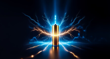 Poster - Golden battery emits radiant blue and orange energy beams against a dark background, representing power and technological advancement.