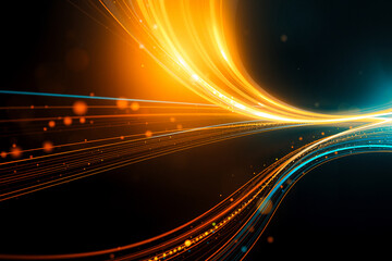 Fototapete - Dynamic abstract image with curved light streaks in vibrant orange and blue on dark. Streaks suggest motion, energy, flow. Bokeh lights add depth.