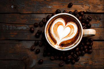 Poster - A cup of coffee with a heart shape design created with latte art is presented on a wooden table, surrounded by scattered coffee beans.