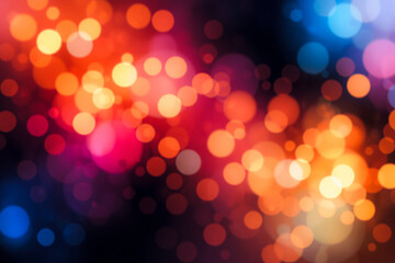 Aufkleber - Vibrant bokeh background with blurred circles of light in warm orange, red, and cool blue tones creating a dreamy, abstract, and colorful visual effect.