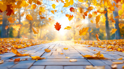 Wall Mural - golden and orange leaves swirl in the air above a serene pathway lined with trees. morning light fil