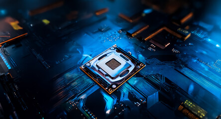 Poster - Close up of a computer chip on a circuit board with blue lighting. Intricate details of the electronic component are clearly visible.