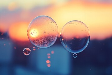 Poster - Bubbles cling to a glass surface, beautifully capturing the soft hues of a sunset sky, blending shades of pastel colors with soft reflections