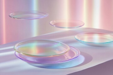 Poster - Iridescent plates seem to float over a sleek surface, lit by soft, colorful reflections that enhance the minimalist design