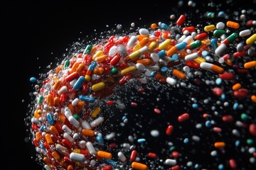 Poster - Colorful medicine capsules and tablets swirl together, creating a cyclone effect that showcases their vibrant hues against a dark backdrop