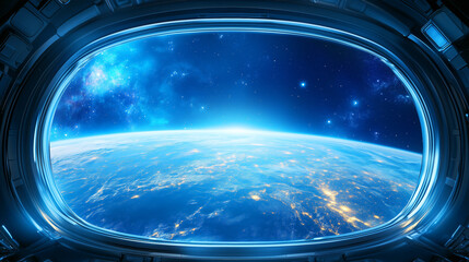 Wall Mural - A breathtaking view captures Earth illuminated from city lights against a dark sky while stars and cosmic wonders surround the planet, showcasing the beauty of space exploration and travel