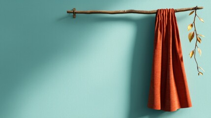 Poster - Minimalist Decor: Orange textile elegantly draped over a rustic branch against a backdrop of a soothing turquoise wall, casting long shadows.
