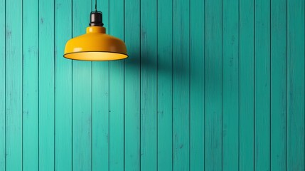 Poster - Golden Light on Teal Plank: A vibrant yellow pendant lamp casts a warm glow against a textured teal wooden plank background, offering a captivating blend of color and design. 