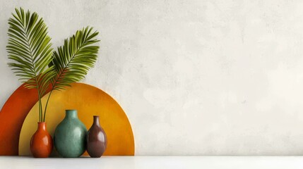 Poster - Harmony of Forms and Colors: Artistic composition featuring a collection of colorful vases, graceful palm leaves, and abstract geometric shapes.