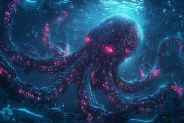 futuristic data kraken challenging privacy in neon light illumination