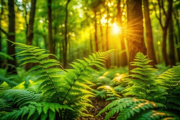 Wall Mural - Deep woods, magical ferns, lush foliage: a fairytale nature scene captured in dreamy bokeh photography.