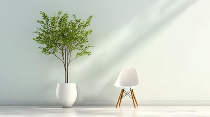 Poster - Serene Interior: A minimalist indoor scene featuring a potted tree next to a modern chair bathed in natural light