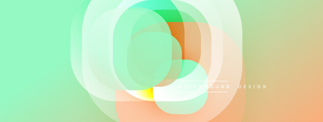 Poster - Circular abstract design with overlapping translucent circles and round shapes, blending gradients and smooth curves, creating depth, contrast, and a dynamic visual effect