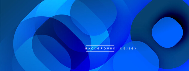 Poster - Circular abstract design with overlapping translucent circles and round shapes, blending gradients and smooth curves, creating depth, contrast, and a dynamic visual effect