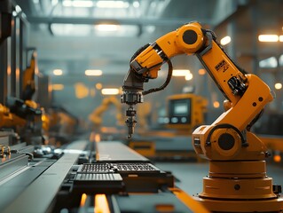 Poster - A close-up of an industrial robotic arm working on a production line, showcasing advanced automation technology and modern manufacturing processes.